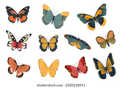Butterfly set. Playful cartoon illustration featuring a charming set of flat-design butterflies, creatively designed with vibrant colors and intricate patterns. Vector illustration.
