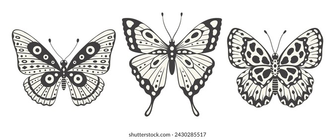 Conjunto de mariposas, tres elementos, vector. Estética de estilo Y2k, formas de ala en vista frontal, colección de símbolos mágicos, ilustración abstracta. Estampado de tatuaje en blanco y negro