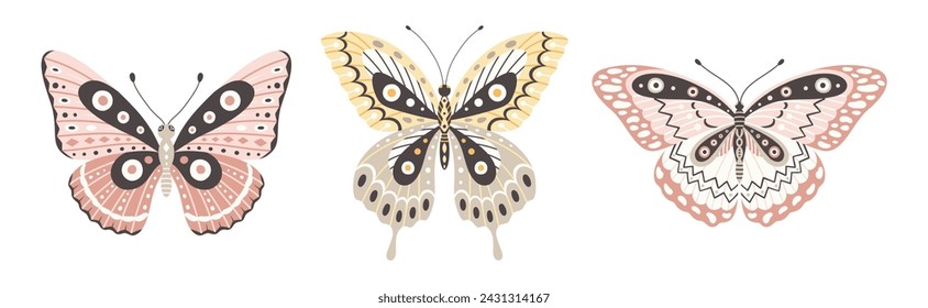 Butterfly set, three elements, vector illustration. Colourful wings with abstract ornament, front view, a symbol for tattoo design. Summer background, fly insect