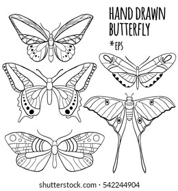 Butterfly set: vector collection of hand drawn insects. Sketch style illustration for design, greeting cards, posters, logo etc. Hand drawn doodle moth. Black and white illustration. Coloring page
