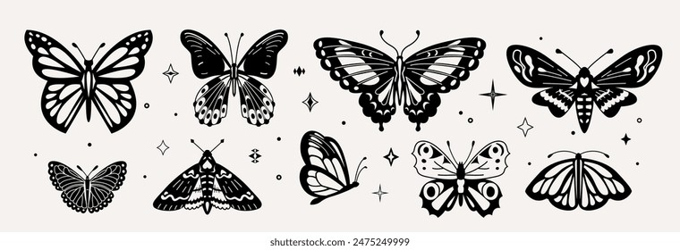 Butterfly set vector illustration. Black and white, monochrome moths insects in Y2k retro style, wavy lines, organic shapes. Trendy simple aesthetic butterflies for tattoo, logo, icon design.