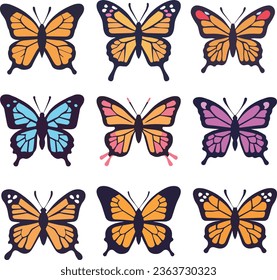 Butterfly set vector illustration, flat monarch butterfly set collection vector isolated on a white background