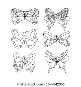 Butterfly set vector insect outline for paper print design, fabric isolated object on white background