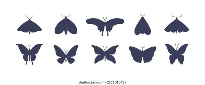 Butterfly seventh monochrome set. Butterfly and moth silhouettes. Mystic groovy insects. Vector isolated on white.