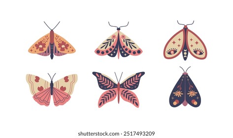 Butterfly seventh set. Mystic butterfly and moth drawings. Magic esoteric groovy insects. Boho vintage. Vector isolated on white.