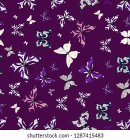 Butterfly shadows and silhouettes. Vector illustration. Suitable for fabric, paper, packaging. Spring and summer tropical butterfly seamless pattern in black, purple and white colors.