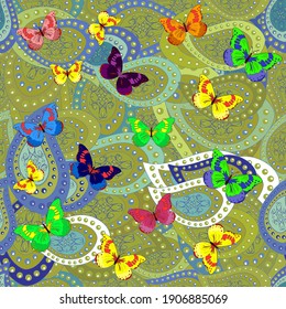 Butterfly shadows and silhouettes. Vector illustration. Spring and summer tropical butterfly seamless pattern in green, blue and yellow colors. Suitable for fabric, paper, packaging.