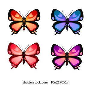 Butterfly shape set on white background. Blue, orange, red and purple flying insect collection silhouette. Vector butterfly element set for tattoo, engraving, prints, textures, interior and design.