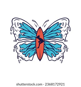 Butterfly shape waves, with surfboard in the middle, on white background, vector, eps 10