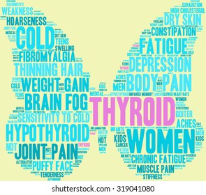 Butterfly Shaped Thyroid Word Cloud On a Yellow Background. 