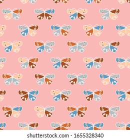 butterfly shapes in blue rust and yellow on a blush pink background seamless vector pattern