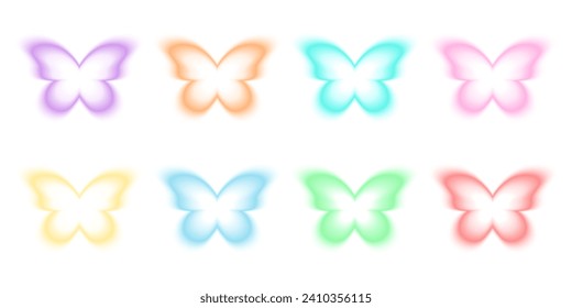 Formas de mariposa de estilo holográfico borroso. Pegatinas y2k de moda con efecto aura gradiente en diferentes colores pastel aislados en fondo blanco. Ilustración del vector