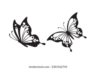 Butterfly shapes on white background for decorative design. Black butterfly close-up design element side view vector icon