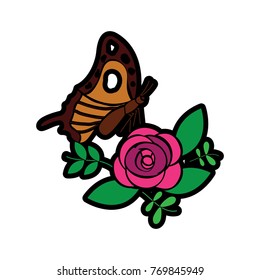 butterfly side view with flower leaves floral ornament