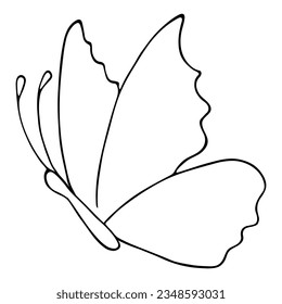 Butterfly. Side view. Sketch. A cute insect flaps its wings. Vector illustration. Fluttering butterfly. Coloring book for children. Doodle style. Outline on isolated background. Idea for web design