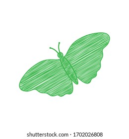 Butterfly sign. Green scribble Icon with solid contour on white background. Illustration.