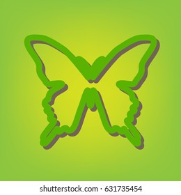 Butterfly sign illustration. Vector. Green line icon with brown shadow at green-yellow background.