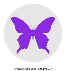 Butterfly sign illustration. Vector. Violet flat icon on light gray circle at white background. Isolated.