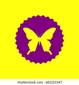 Butterfly sign illustration. Vector. Violet label with hole as icon on yellow background.