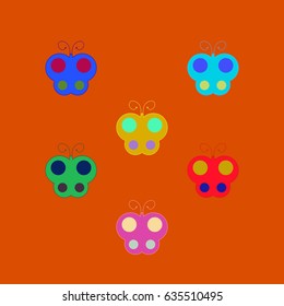 Butterfly sign set. Colorful insect simple symbol. Multicolor icons isolated on orange background. Flat mark. Spring or summer love concept. Modern art scoreboard. Stock vector illustration