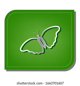 Signo de mariposa. Icono de línea de gradiente plateado con sombra verde oscuro en hoja verde con parches ecológicos. Ilustración.