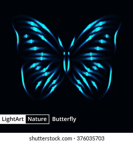 Butterfly silhouette of blue lights on black background