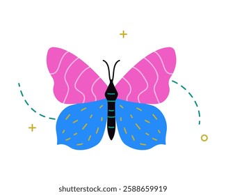 Butterfly, silhouette in bright colors. Colorful butterfly with multi-colored pattern. Abstract pattern with geometric elements. Elegant flying insect. Vector illustration	