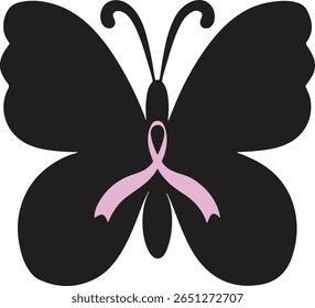 Butterfly silhouette combined with pink ribbon icon symbolizing transformation, strength, and Breast Cancer Awareness, great for designs promoting healing and hope