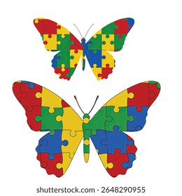 A butterfly silhouette created with interlocking jigsaw puzzle pieces,