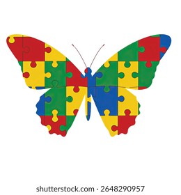 A butterfly silhouette created with interlocking jigsaw puzzle pieces,