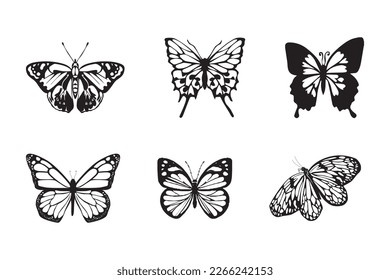 Butterfly silhouette. Cute black butterfly image. Black silhouette butterfly insect, beautiful animal wing, vector illustration