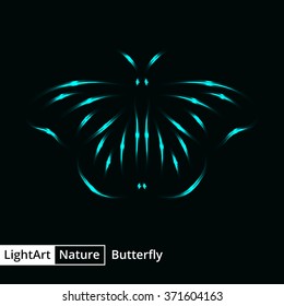 Butterfly silhouette of cyan lights on black background