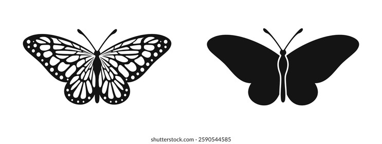 Butterfly silhouette and detailed wing design vector set