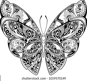 Butterfly, silhouette filled with ornament, outlineint