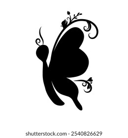 Butterfly silhouette with floral and swirls pattern clipart graphic vector illustration