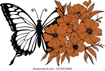 Butterfly silhouette with flowers wing - Swallowtail butterfly silhouette