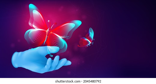 Butterfly silhouette flying away from human hand in a realistic rubber glove. 3D vector illustration with an abstract outline of moth. Metamorphosis concept horizontal banner in neon line art style