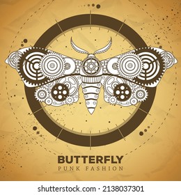 Butterfly silhouette with gears on old paper texture background. Punk style. Vector illustration