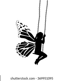 Butterfly silhouette girl riding on a swing. Vector