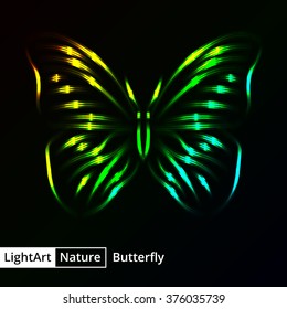 Butterfly silhouette of gradient lights on black background