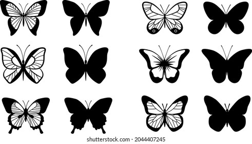 Butterfly. Silhouette icons set of spring butterflies.Carve collection. Stencil butterfly, fireflies, moth wings, flying insects isolated on white background. Hand drawn element for web, tattoo sketch