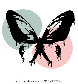 Butterfly silhouette isolated illustration with dripping black paint and abstract shapes on white background. Stencil art design. Style graffiti illustration vector.