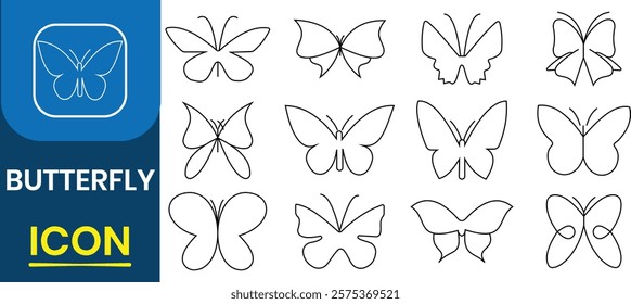 Butterfly silhouette line vector icon set. Vintage butterfly wing contours closeup design element, tattoo, symbol of free flying insect in nature. Insect set isolated vector illustration.