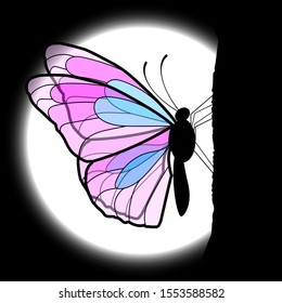 Butterfly silhouette on the background of the night sky and moon EPS10