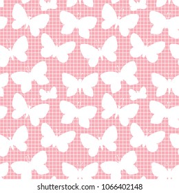 Butterfly silhouette. Pink seamless pattern mesh texture. Vector illustration isolated on a pink trend color background.