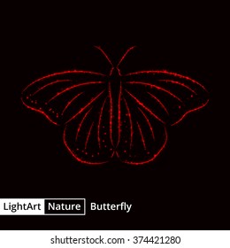 Butterfly silhouette of red lights on black background