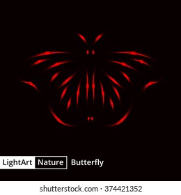 Butterfly silhouette of red lights on black background