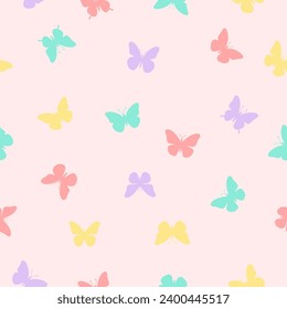 Silueta de mariposa con una plantilla de diseño de fondo de patrón impecable. Mariposa al azar colorida, lindo pastel de niñas. Ilustración del vector