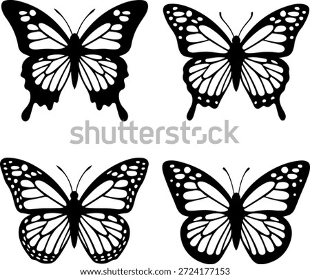 Butterfly Silhouette Set Black Vector Illustration. Butterfly Silhouette Bundle Minimal Vector Design. Monarch Style Butterfly Silhouette Collection. Decorative Butterfly Silhouette Vector Pack
