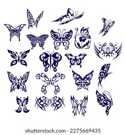 Butterfly Silhouette Set. Butterfly Tattoo Vector illustration
